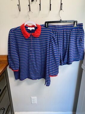 Buru Blue Green Red Stripe 3/4 Long Sleeve & Shorts Knit Lounge Set XXL